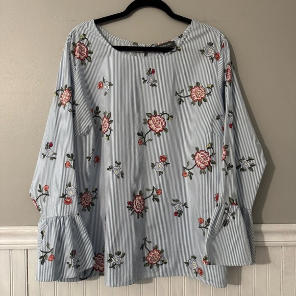 Alexander Jordan Women’s Blouse Long Ruffle Bell Sleeve Pinstripe Floral Size 1X - Picture 1 of 7